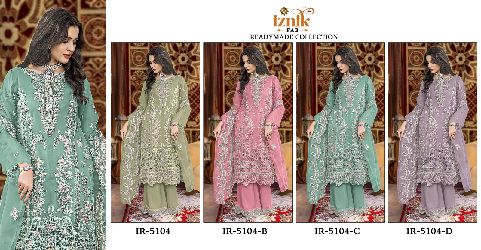5104 A To D Iznik Organza Embroidery Pakistani Salwar Suits Suppliers In India